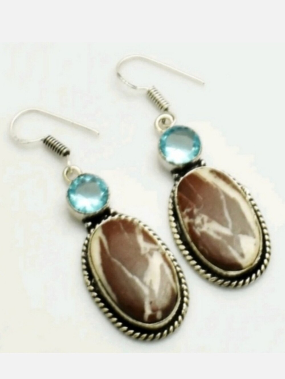 Coconut Jasper, Blue Topaz Gemstone 925 Sterling Silver Dangle Earrings